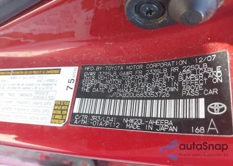 2008 Toyota Prius from USA, damaged, VIN JTDKB20U683353726